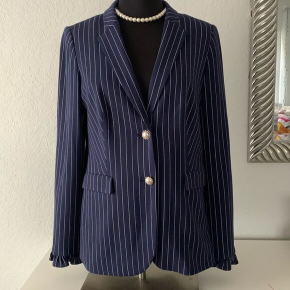 Chico’s Pin Striped Ruffle Cuff Buttons Navy Blue White Blazer Size 0/4 - Picture 1 of 14